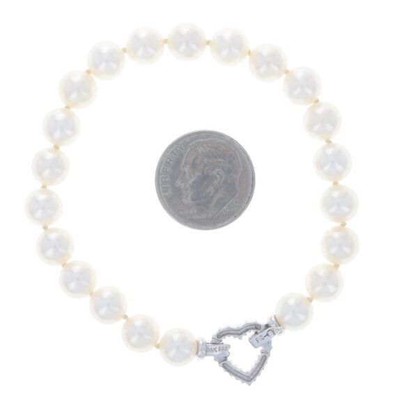 White Gold Pearl Heart Knotted Strand Bracelet 6 3/4" - 14k Love - Picture 4 of 6
